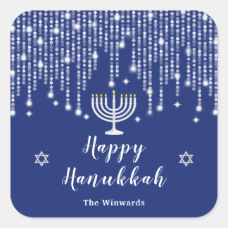 Blue and Silver String Lights Happy Hanukkah Square Sticker