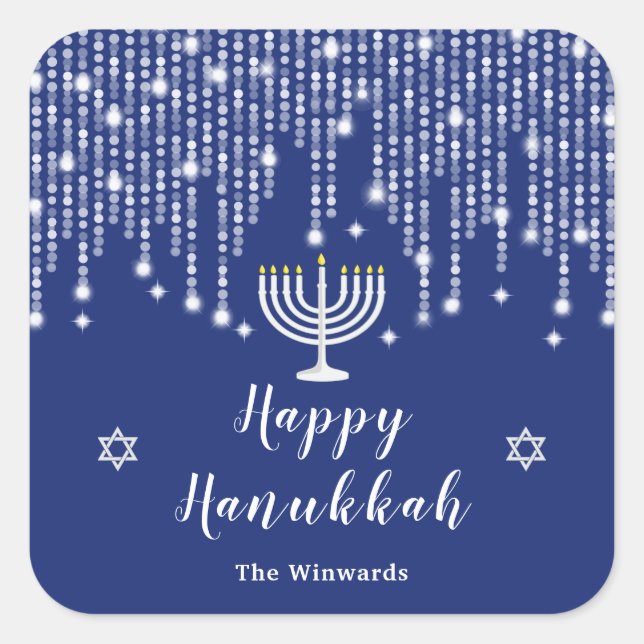 Blue and Silver String Lights Happy Hanukkah Square Sticker (Front)