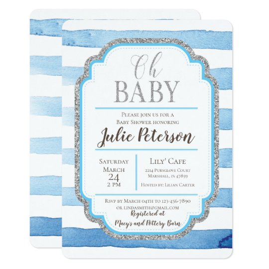 Blue and Silver Striped Baby Shower Invitation | Zazzle.com