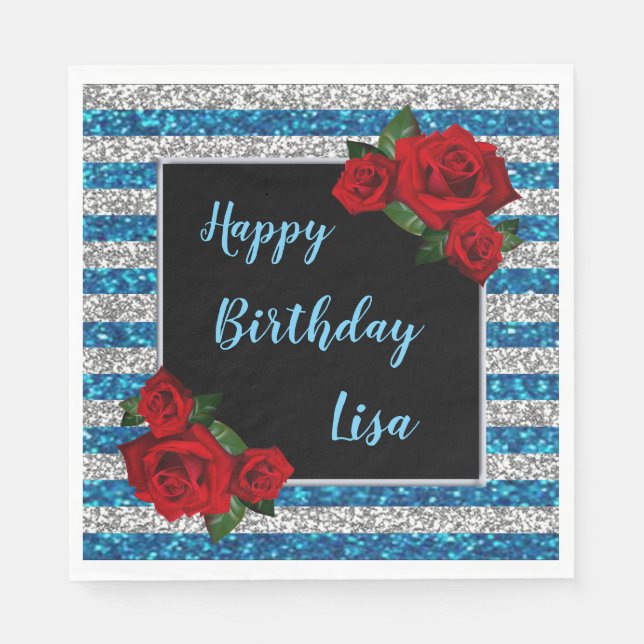Blue And Silver Stripes Glitter Red Roses Birthday Napkins (Front)