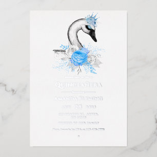 Blue and Silver Swan Quinceañera Foil Invitation