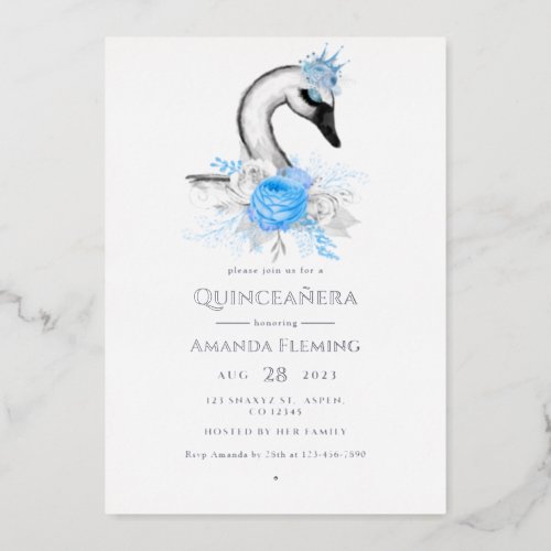 Blue and Silver Swan Quinceaera Foil Invitation