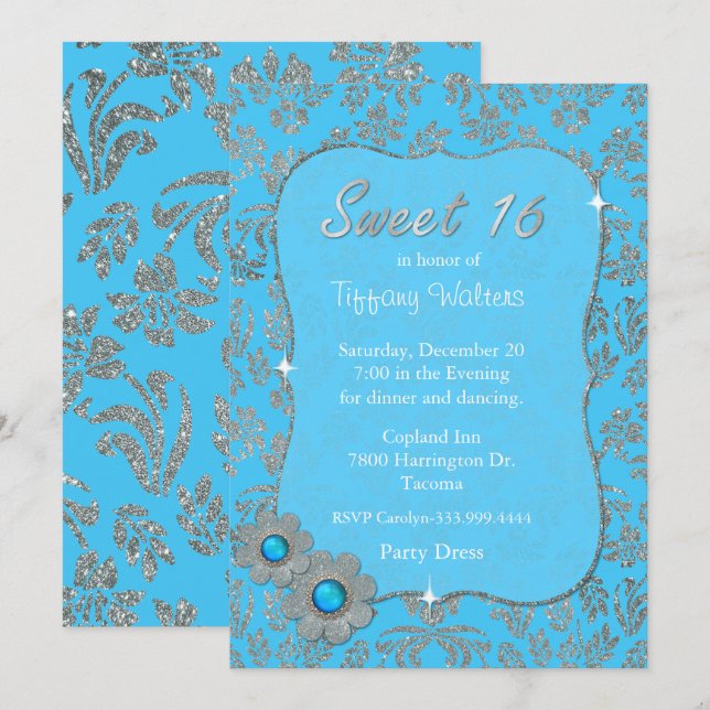 Blue and Silver Sweet 16 Birthday Invitation (Front/Back)