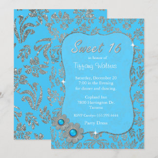 Blue and Silver Sweet 16 Birthday Invitation