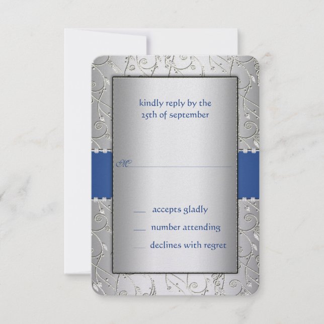 Blue and Silver Swirl Wedding RSVP Card (Front)