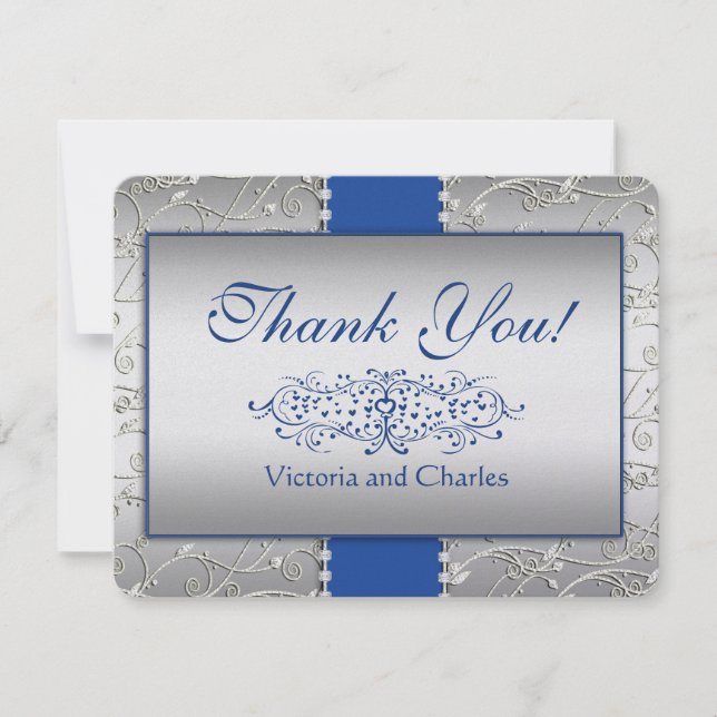 Blue and Silver Swirl Wedding Thank You Card (Front)