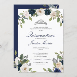 Blue and Silver Tiara Floral Elegant Quinceañera Invitation