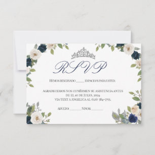 Blue and Silver Tiara Floral Quinceañera RSVP Thank You Card