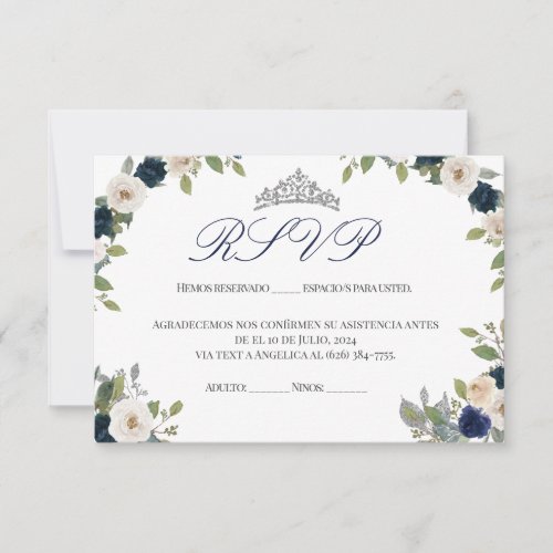 Blue and Silver Tiara Floral Quinceaera RSVP Thank You Card