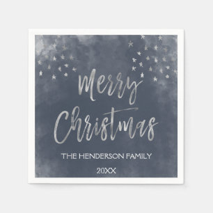 Blue and Silver Watercolor Christmas Script Napkins