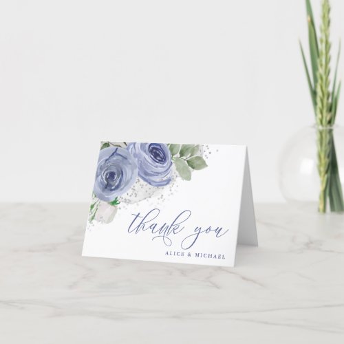 Blue and Silver Watercolor Floral Personalized Thank You Card