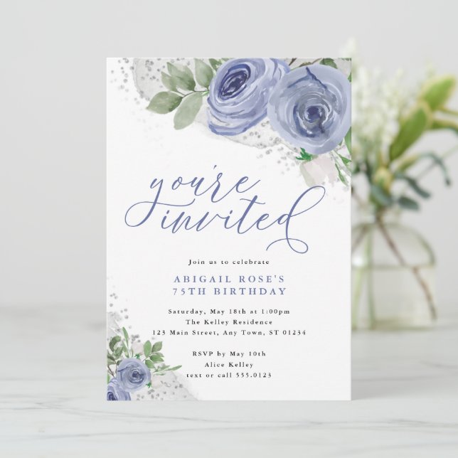 Blue and Silver Watercolor Flowers, You're Invited Invitation (Standing Front)