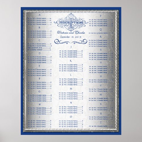 Blue and Silver Wedding Guest Seating Chart