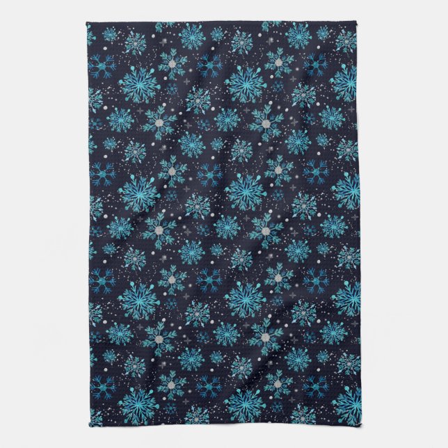 Blue and Silver Winter Snowflakes Kitchen Towel (Vertical)