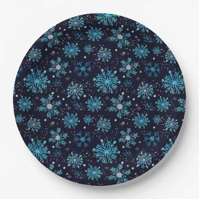 Blue and Silver Winter Snowflakes Paper Plates (Front)
