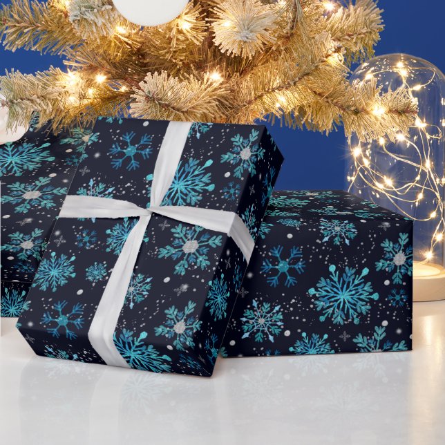 Blue and Silver Winter Snowflakes Pattern Wrapping Paper (Holidays)