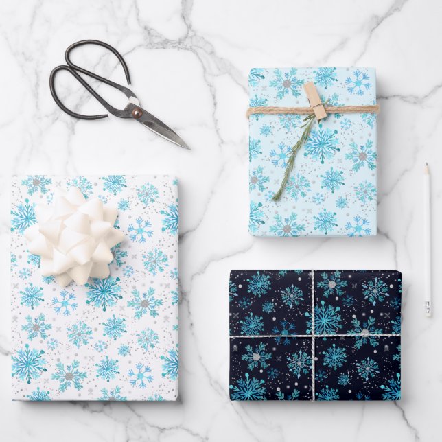 Blue and Silver Winter Snowflakes Pattern Wrapping Paper Sheets (Front)