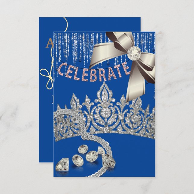 Blue and Silver with crown diamonds blue  party Invitation (Front/Back)