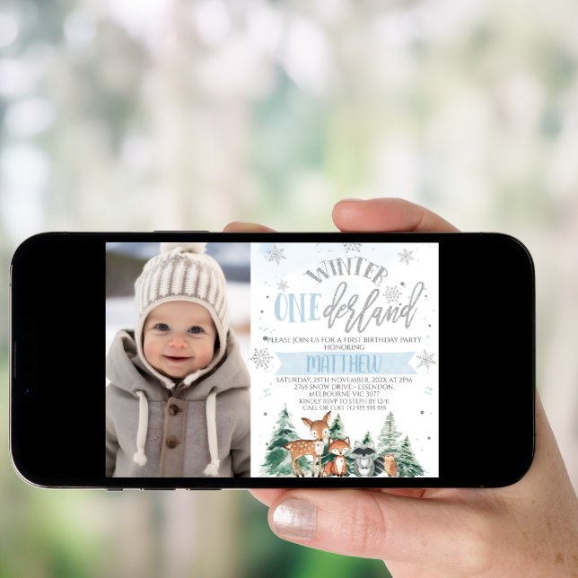 Blue And Silver Woodland Onederland 1st Birthday Invitation (Front Digital)