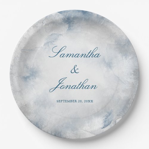 Blue and Slate Gray Abstract Watercolor Wedding Paper Plates