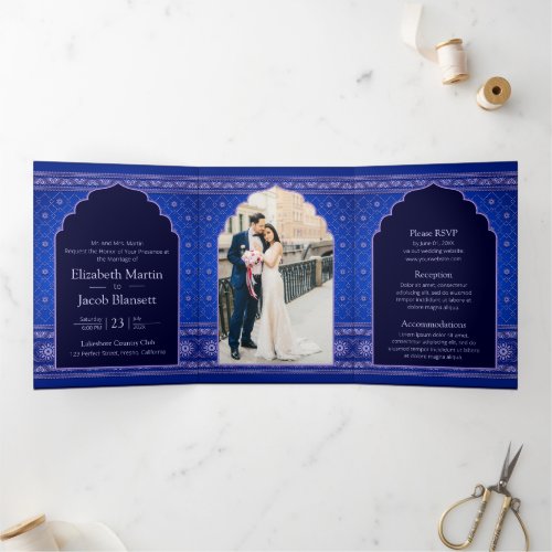 Blue and Sliver Bollywood Style Indian Wedding  Tri_Fold Invitation