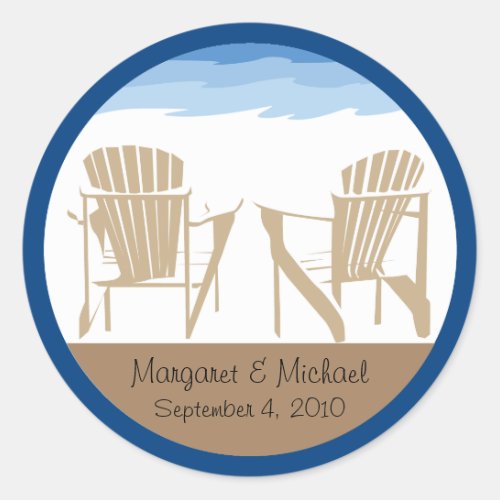 Blue and Tan Adirondack Chairs  Wedding Classic Round Sticker