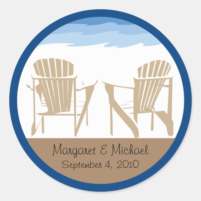 Blue and Tan Adirondack Chairs | Wedding Classic Round Sticker (Front)