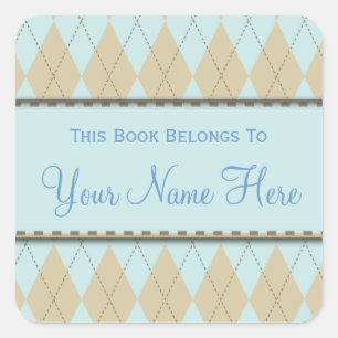 Blue and Tan Argyle Name Book Plate Sticker