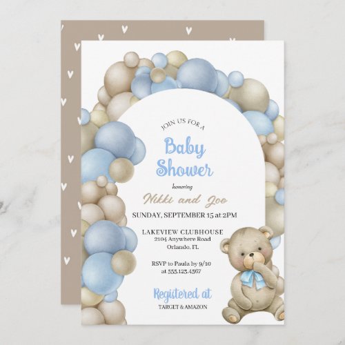 Blue and Tan Balloon Arch Teddy Bear Baby Shower Invitation