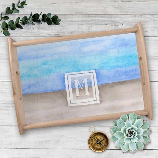 Blue and Tan Beach House Watercolor Monogram Serving Tray