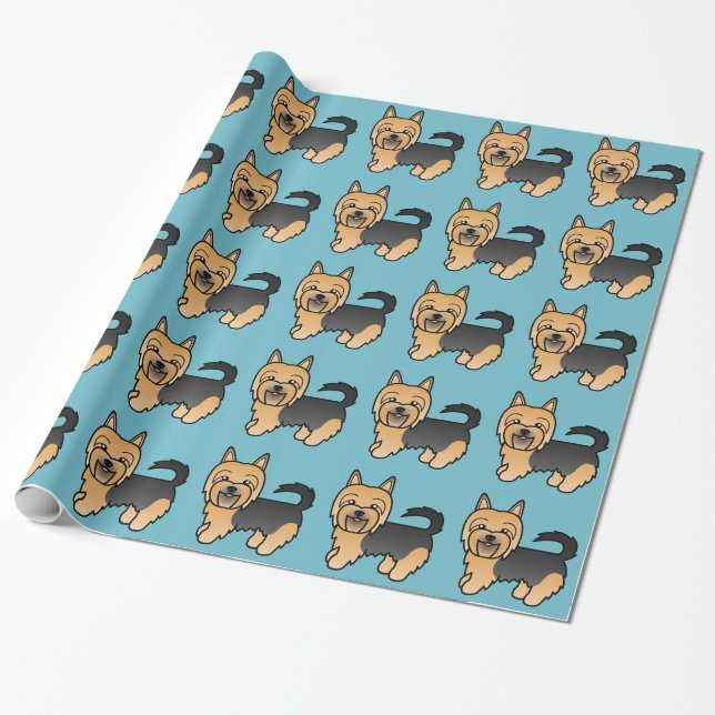Blue And Tan Cartoon Australian Terrier Wrapping Paper (Unrolled)