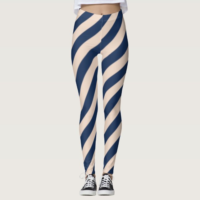 Blue and Tan Diagonal Stripes Leggings (Front)