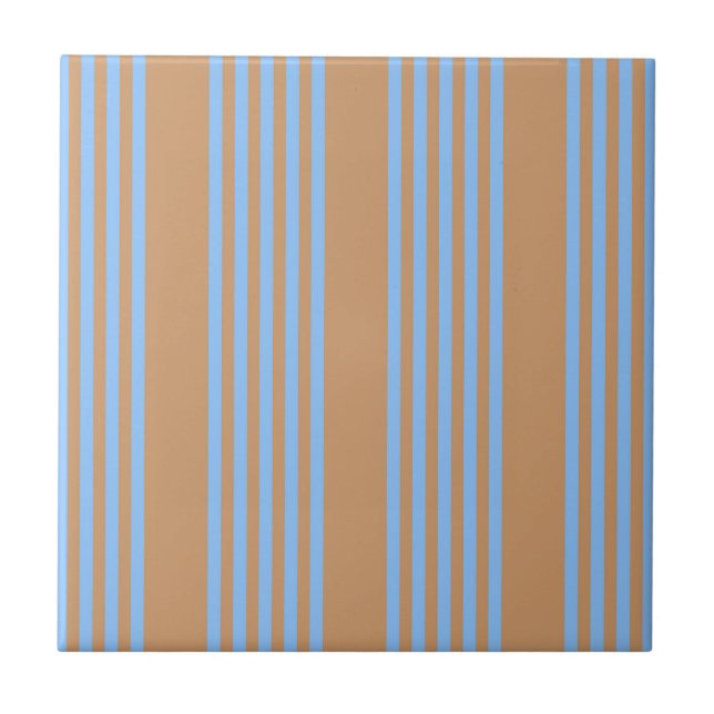 Blue and tan five stripe pattern ceramic tile (Front)