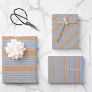 Blue and tan five stripe pattern wrapping paper sheets