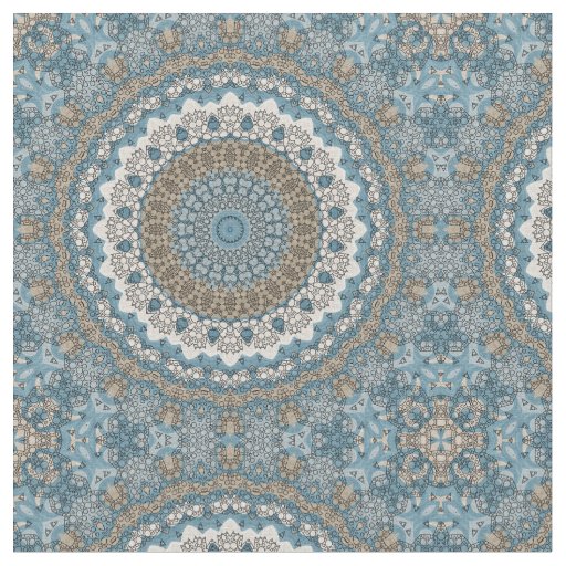 Blue and Tan Mandala Intricate Geometric Pattern Fabric