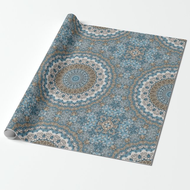 Blue and Tan Mandala Intricate Geometric Pattern Wrapping Paper (Unrolled)