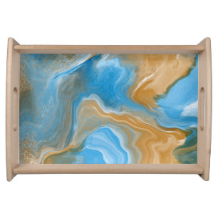 Blue and Tan Marble like Art / Beach Colors Serving Tray