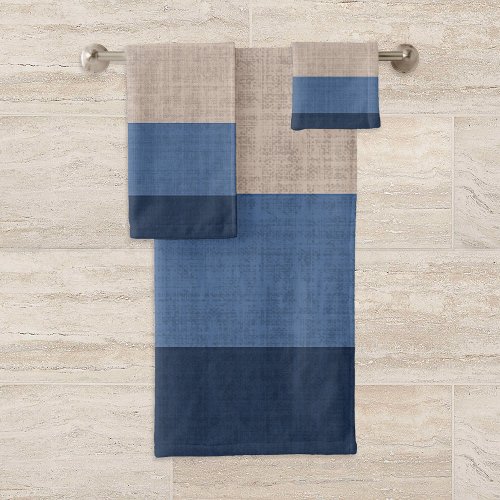 Blue and Tan Striped Crosshatch Pattern Bath Towel Set