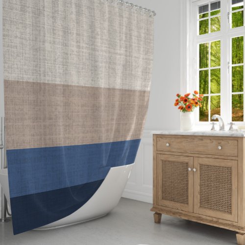 Blue and Tan Striped Crosshatch Pattern Shower Curtain
