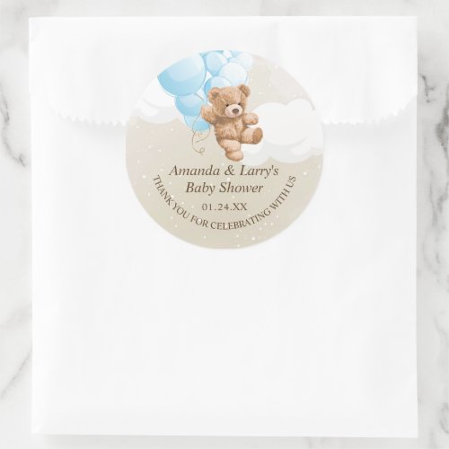 Blue and Tan Teddy Bear with Balloons Classic Round Sticker