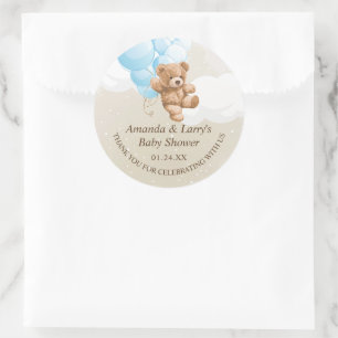 Blue and Tan Teddy Bear with Balloons Classic Round Sticker