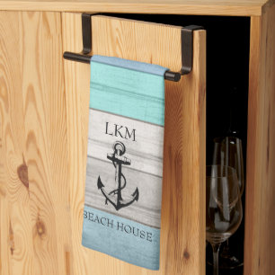 Blue and Tan Tones Wood Nautical - Monogram Kitchen Towel
