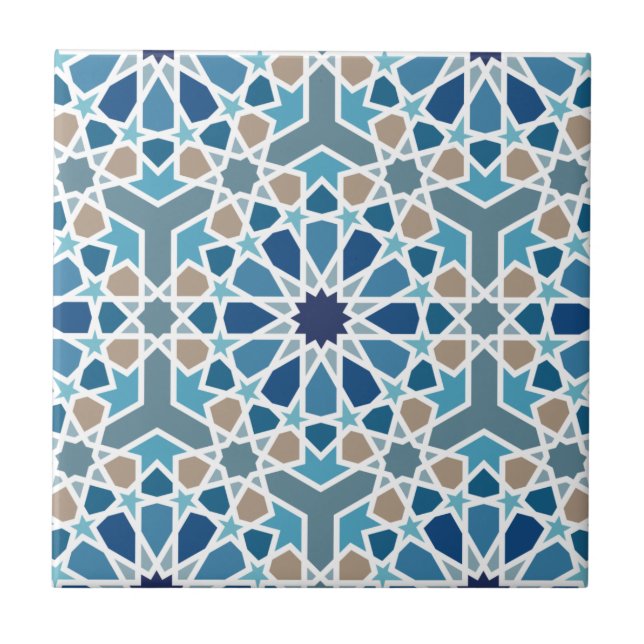 Blue and Taupe Moroccan Geometric Mosaic Pattern Ceramic Tile (Front)