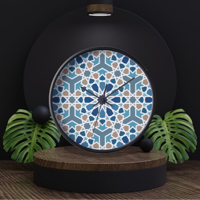 Blue and Taupe Moroccan Geometric Mosaic Pattern Clock (Arabic Geometric Design Pattern Wall Clock)
