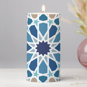 Blue and Taupe Moroccan Geometric Mosaic Pattern Pillar Candle