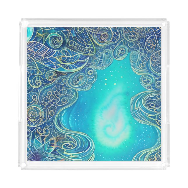 Blue and Teal Abstract Art Acrylic Tray (Front)