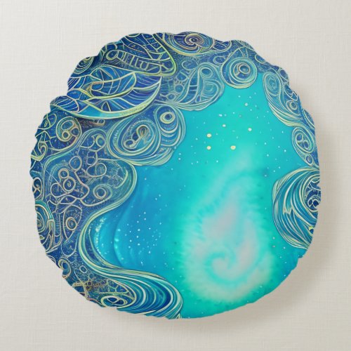 Blue and Teal Abstract Art Round Pillow