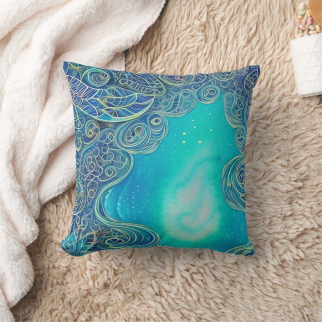 Blue and Teal Abstract Art Throw Pillow (Blanket)