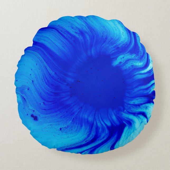 Blue and teal abstract painting round pillow (Front)