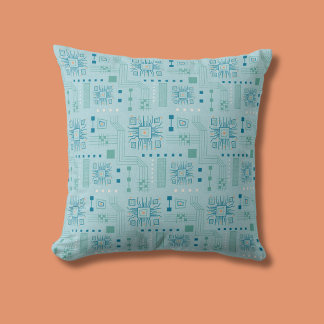 Blue and Teal Circuit Board Pattern Throw Pillow